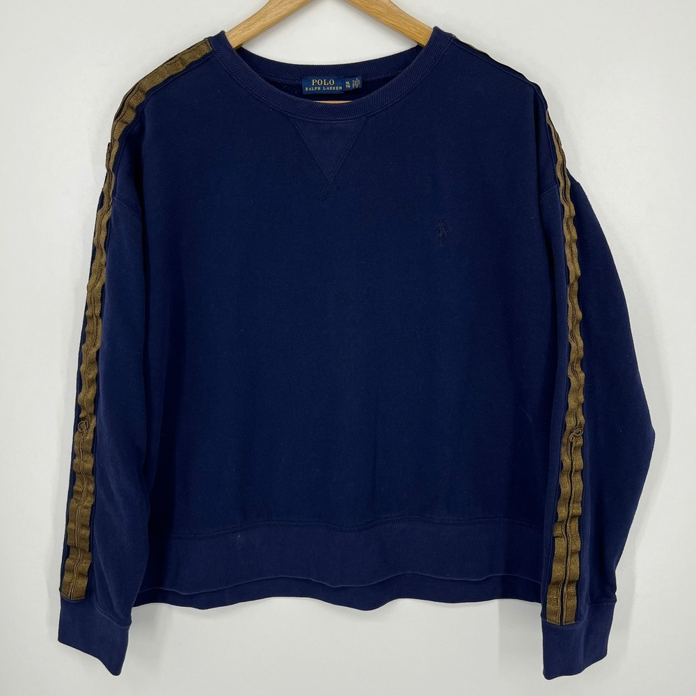 Polo Ralph Lauren Womens Navy Blue Gold Metallic Trim Crewneck Sweatshirt XL